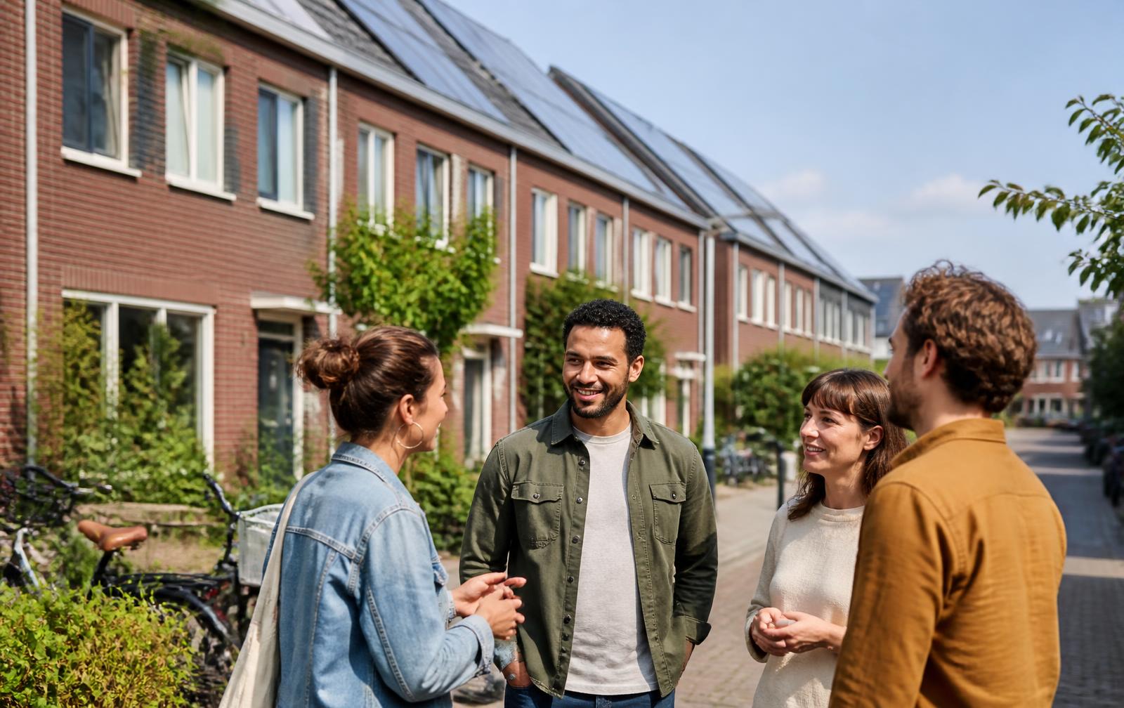 Buren in gesprek in een Nederlandse straat met zonnepanelen